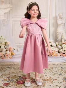Robe élégante de jeune fille avec fleurs, sequins et splice en maille - Multicolore - Voir 4