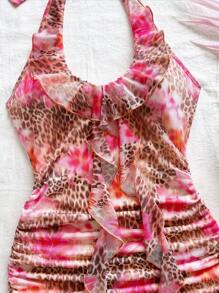 Soleia Women's Summer Vacation Dress, Pink Ruffle Halter Mini Dress, Beach Resort Dress,Vacation Outfits Woman - Multicolor - View 5