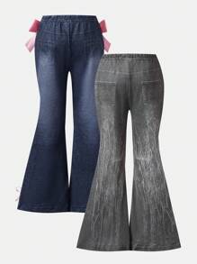 Young Girls Y2K Stylish Lovely 3D Bow Denim Effect Print Flare Ankle Pants - Multicolor - View 2