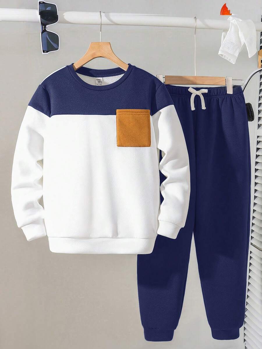 SHEIN Tween Jungen Sport Casual Kontrastfarbe Rundhals Hoodie und Jogginghose 2 Stücke Set - marineblau - Übersicht 1