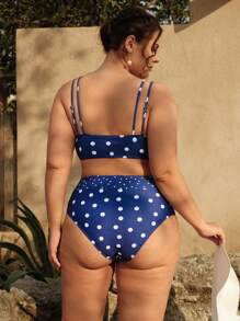 SHEIN Swim Curve 大码女式 V 领波尔卡圆点印花休闲度假泳装比基尼套装，夏季海滩 - 藏蓝色 - 查看 2