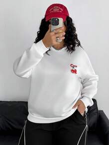 SHEIN EZwear Cherry Letter Embroidered Simple Printed Crew Neck Thick Sweatshirt For Plus Size Women, Autumn/Winter