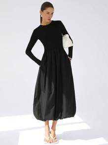 Aveloria Modichic Black Fashion Elegant Minimalist Design Versatile New Mixed Material Round Neck Cinched Waist Puff Hem Splicing Long Sleeve Dress For Women