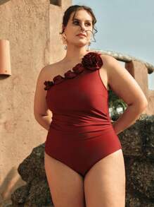 Swim Chiccia Plus Size Women 3D Floral Design One Piece Swimsuit, Elegant For Beach, Holiday & Wedding Season, Summer Vacation - Burgundy - View 6