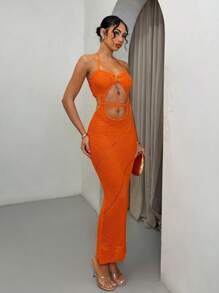 SHEIN BAE Women's Solid Color Hollow Back Halter Neck Slim Fit Knitted Dress - Orange - View 4
