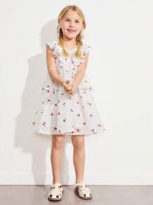 SHEIN 白色年轻女孩樱桃图案荷叶边下摆双层连衣裙 - 米色 - 查看 4