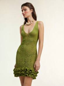 SHEIN LUNE Spring/Summer Women Stylish Hollow-Out Ruffled Mini Dress, Fresh Green Color - Green - View 6