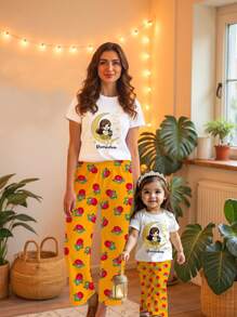 SHEIN LUNE 2pcs Women Ramadan Moon Pattern Short Sleeve Tee And Long Pants Set - Multicolor - View 1