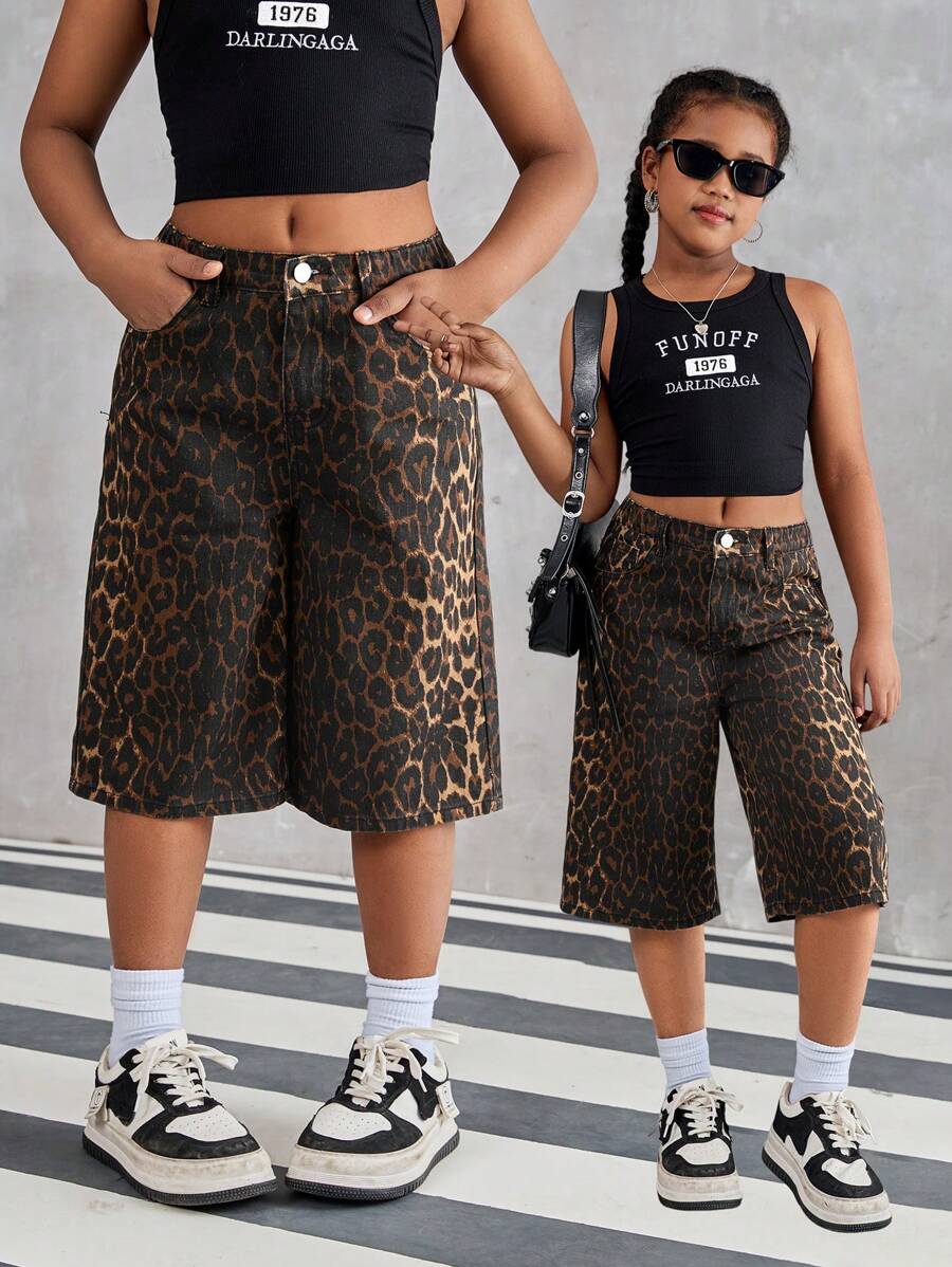 SHEIN Pantalones anchos de pierna ancha recortados con estampado de leopardo suelto y estilo retro para niña preadolescente en verano