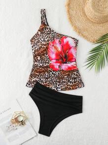 Swim Lushoire Bộ 2 chiếc/bộ áo cánh xếp ly cổ bất đối xứng họa tiết hoa báo thời trang xuân hè và quần tankini tam giác cạp cao màu trơn, dành cho kỳ nghỉ hè ở bãi biển - Nhiều màu - Xem 8