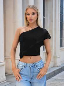 SHEIN EZwear Women's Solid Color Asymmetrical Neck Short Sleeve Slim Fit Casual Summer Top, Everyday Wear - Black - View 1