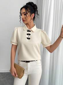 SHEIN Unity Retro Chinese Style Button Decor Short Sleeve Shirt - Apricot - View 7