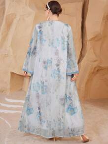 Al Najma Plus Size Arabic Women's Long Sleeve Fashion Elegant Retro Printed Robe, Modest Kaftan - Blue and White - View 2