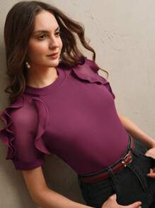 Anewsta Elegant Sheer Net Patchwork Ruffle Trim Short Sleeve T-Shirt - Red Violet - View 3