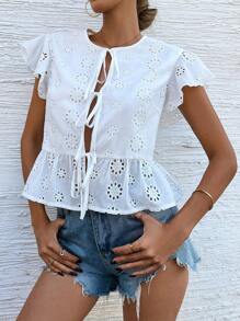 SHEIN VCAY Blusa informal con mangas cortas y nudo delantero en unicolor con bordado para mujeres