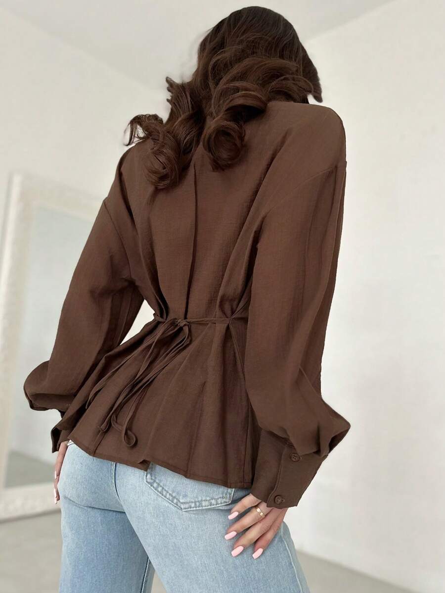 Firerie New Linen-Like Cool Fabric Twisted Tie Drop Shoulder Shirt - Coffee Brown - View 1