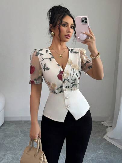 Elenzga Camisa elegante de mujer con cuello en V, cintura ceñida, bordado de encaje vintage, apropiada para ir al trabajo y vacaciones, verano