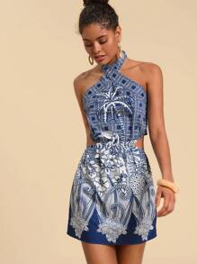 Travachic Floral Print Halter Neck Backless Dress - Blue and White - View 1