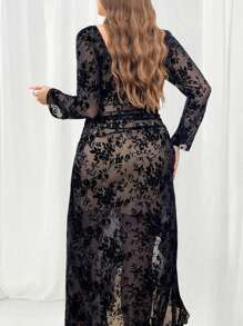 SHEIN Privé Plus Size Elegant Black Cocktail Maxi Dress,Autumn Curve Floral Flocked Square Neck,Ruched Bust,Slit,Ruffle Hem Versatile Professional Party - Black - View 6