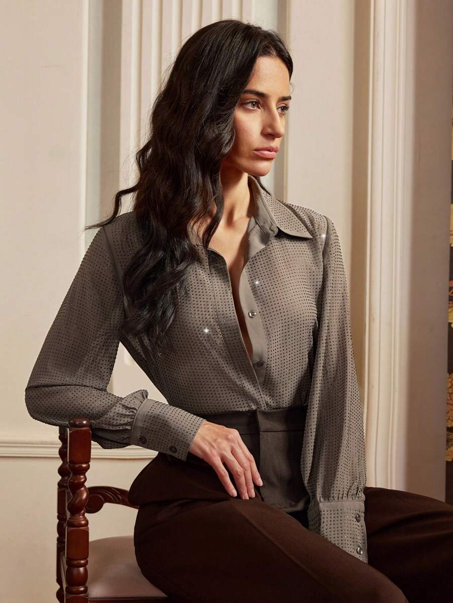 Anewsta Elaire Old Money 风格重磅热销钻石宽松显瘦略透灰色女式衬衫 Old Money - 灰色 - 查看 1