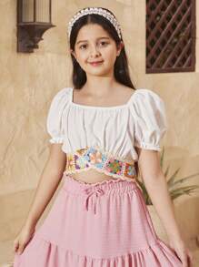 Tween Girl Relaxed Contrast Tape Patchwork Hem Square Collar Puff Sleeve Blouse - White - View 5