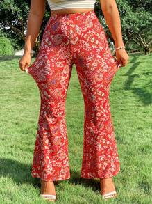 Breezaya Plus Size Women Retro Print High Waisted Flare Leg Long Knit Pants