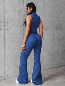 SHEIN EZwear 女士拉链前口袋喇叭腿宽松休闲牛仔连体裤 - 藍色 - 查看 2