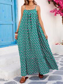 SHEIN VCAY Vestido casual de tiras de espagueti con estampado floral para mujer de talla grande, para vacaciones