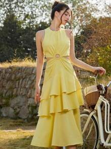 Aveloria Rosie Vestido maxi de verano con volantes en multicapa y aro hueco, de color amarillo romántico