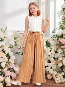 SHEIN Tween-Mädchen Beiger Patchwork-Kontrast-Khaki-Strampler mit langem, plissiertem Taillengürtel und ärmellosem Revers, geeignet für Schule, Reisen, Frühling/Sommer, lässig, täglich, vielseitig - Verschiedenfarbig - Übersicht 2