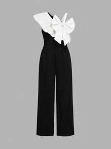 SHEIN Tween Girls Woven Buttoned One Shoulder Suspender Jumpsuit - Black and White - View 1