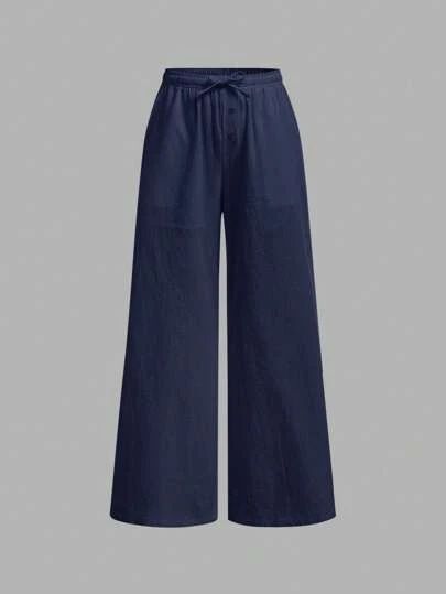 SHEIN Tween Girl 宽松休闲纯色系带编织裤