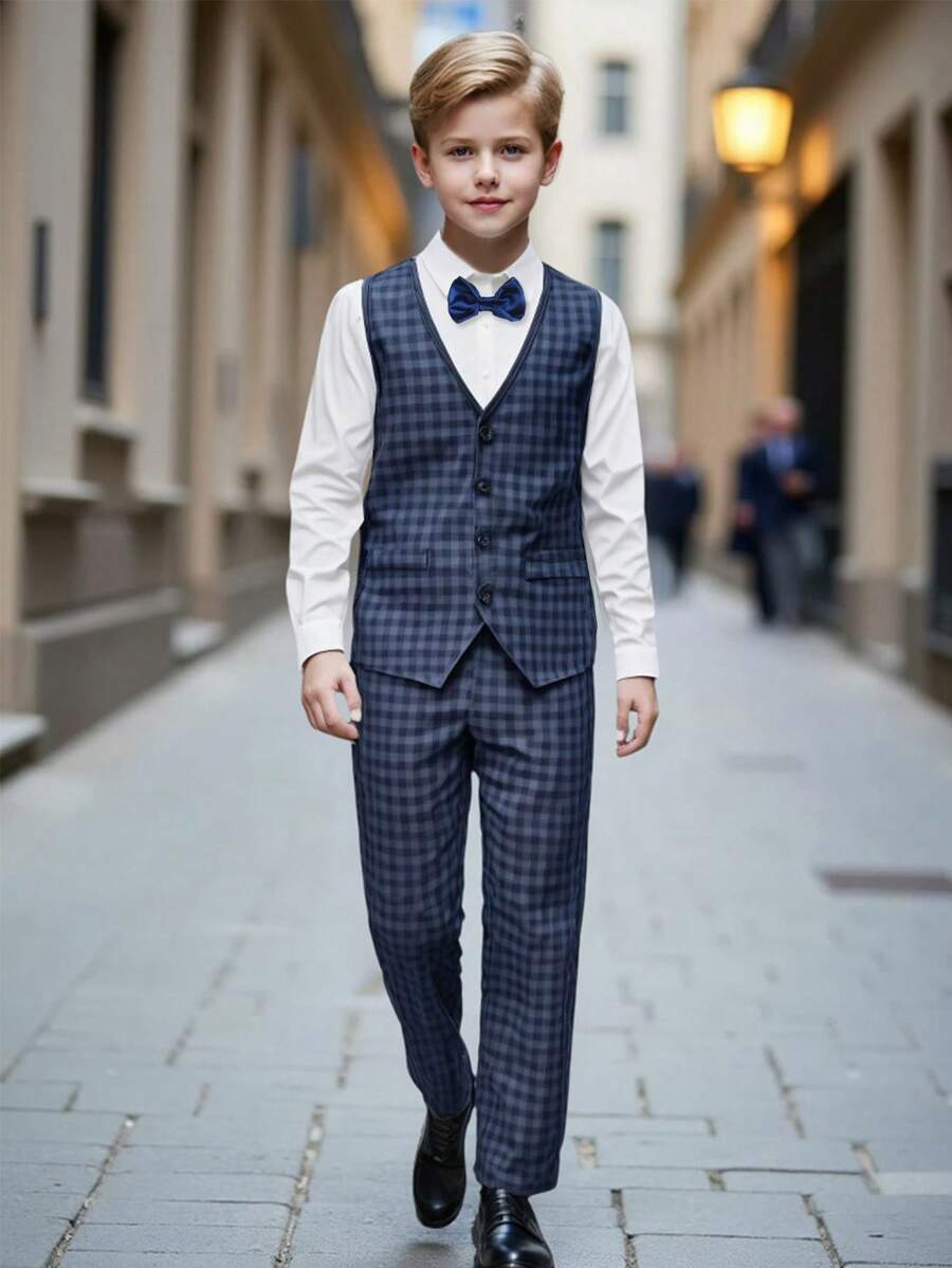 SHEIN Tween Boy Gentleman's 3-Piece Set: Vest + Pants + No Shirt No Tie Formal Outfit, Suitable For Birthday Party, Event, Wedding, Christening, Anniversary