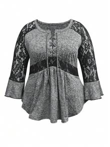 INAWLY Women's Plus Size Contrast Lace Stitching Cross Strap T-Shirt - Black - View 4