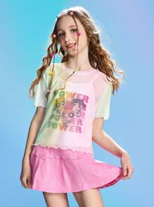 THE POWERPUFF GIRLS X SHEIN Tween Girl Ombre Letter & Cartoon Graphic Knit 2 In 1 T-Shirt - Multicolor - View 3