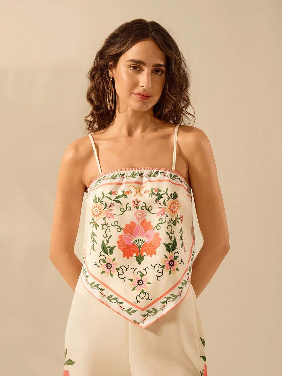 CAJUNI 女士波西米亚风热带花卉彩色印花，复古度假休闲夏季 V 型吊带背心