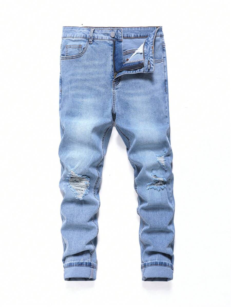 Manfinity EZcore Men's Casual Washed Ripped Slim Jeans - Light Wash - View 1