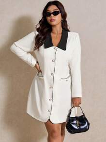 Elaquor Plus Contrast Collar Flap Detail Shirt Dress - White - View 2