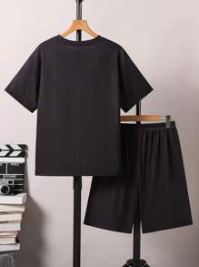 2pcs/Set Teens Boys Cartoon Game Letter Print Round Neck T-Shirt And Sports Shorts Set - Black - View 2