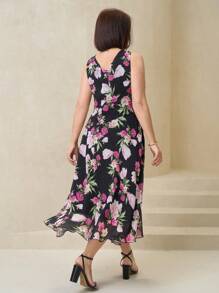 Chikora Spring Women's Black Base Red Chiffon Floral Print Sleeveless Plus Size Dress, Elegant Coat Beautiful Clothing Women Dresses Elegant Dresses Women Summer Dresses Women Summer Dresses Elegant Women Dresses Summer Dresses Plus Size Women Dresses Summer Elegant Women Dresses Holiday Dresses