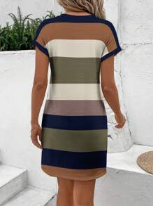 SHEIN LUNE 女士度假休闲撞色条纹蝙蝠袖连衣裙 - 彩色 - 查看 2