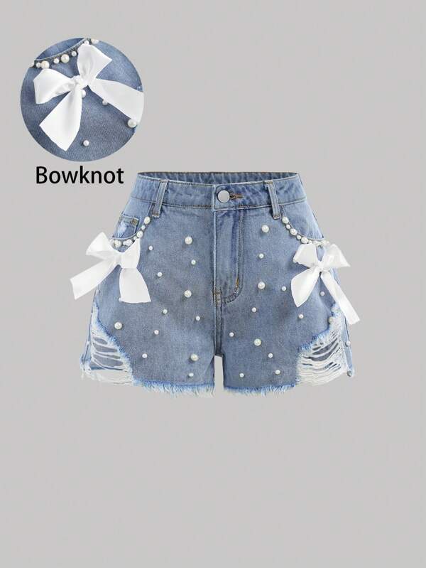 SHEIN Girlism Teen Girls' Elegant Light Washed Distressed Bowknot Denim Jeans Shorts With Pocket Insert,Faux Pearl,And Frayed Hem,For Spring And Summer Vacation Festival Outfits