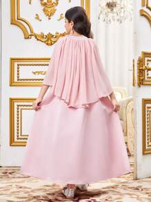 Vestido largo de satén con cinta de lurex adornada y bordado para niña preadolescente, cuello redondo, botones abiertos, cinta de seda dorada y plateada adornada, bordado decorativo estilo chal, día de San Valentín, niña preadolescente, vestido de niña de las flores, Ramadán, Eid Al-Adha, vestido rosa - Rosa - Ver 2