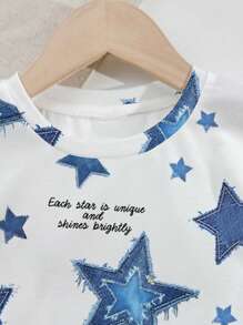 SHEIN Personalized And Cool Five-Pointed Star-Shaped English Print, Young Girl Casual And Simple Short-Sleeved Shorts Two Pieces Suit Is Suitable For Summer - Multicolor - View 4