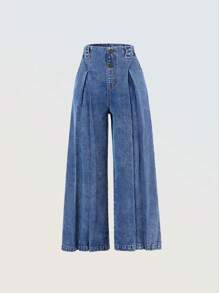 SHEIN Denimly Tween Girl 复古休闲都市学院风水洗深蓝色松紧腰阔腿七分裤 - 深色水洗藍 - 查看 1