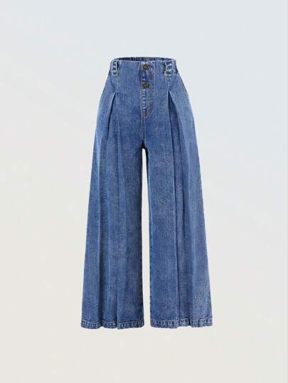 SHEIN Denimly Tween Girl 复古休闲都市学院风水洗深蓝色松紧腰阔腿七分裤