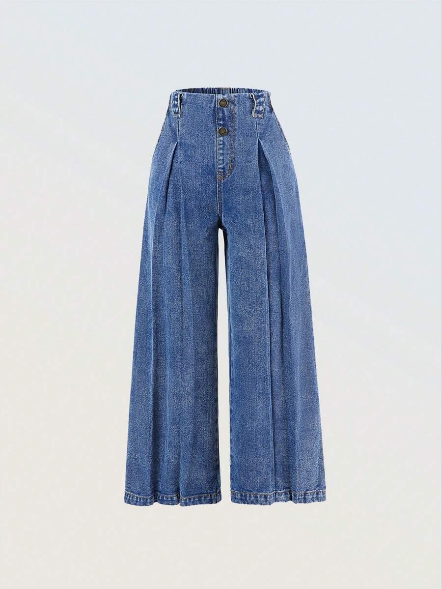 SHEIN Denimly Tween Girl 复古休闲都市学院风水洗深蓝色松紧腰阔腿七分裤 - 深色水洗藍 - 查看 1