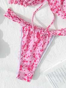 SHEIN Swim 女士海滩度假随意碎花甜美荷叶边性感比基尼套装 - 彩色 - 查看 3