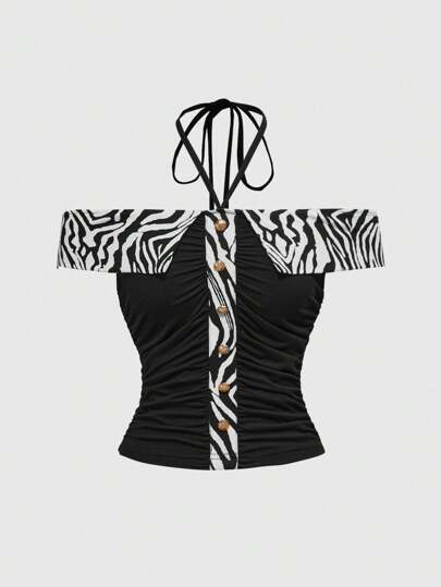 J-Fashion Conjunto de verano para mujeres: Top corto con cuello de halter y corbata, con estampado de parchwork de cebra