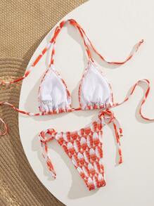 SHEIN Swim Bikini Set mit mehreren Stichelstichen und Schnürung, gestreift, Damen Lässig Strandurlaub Bademode Zweiteiler - Rot-Weiß - Übersicht 8
